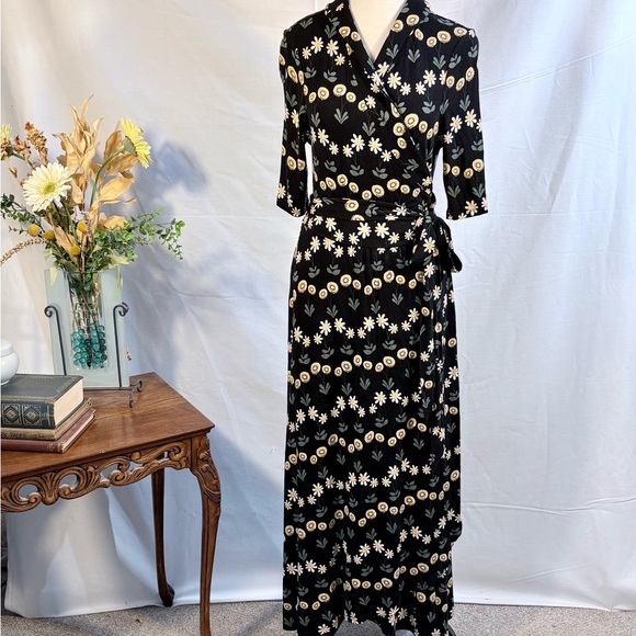 Boden Lavinia Jersey Floral Wrap Midi Dress Black Daisy Tie Waist Size 10💛 - Picture 2 of 10